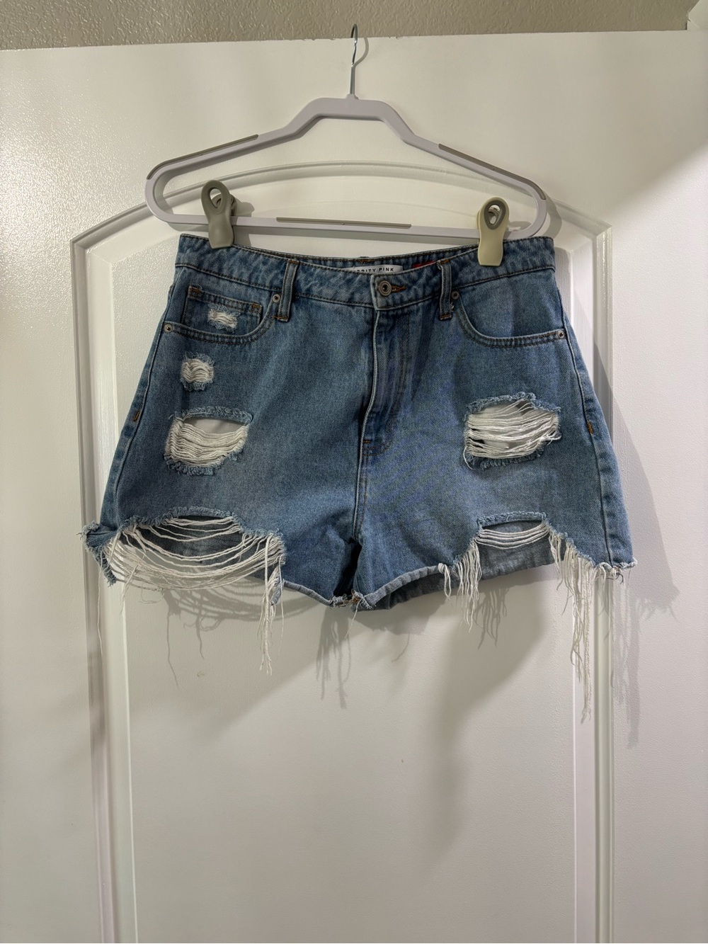 Celebrity Pink Light Blue Distressed Denim Shorts